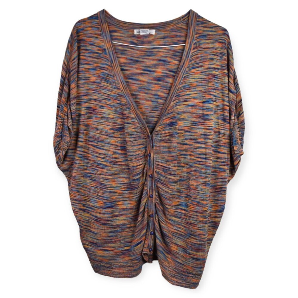 Kensie Cardigan L Womens Multicolor Sweater Dolman Sleeve Button Ruched Front